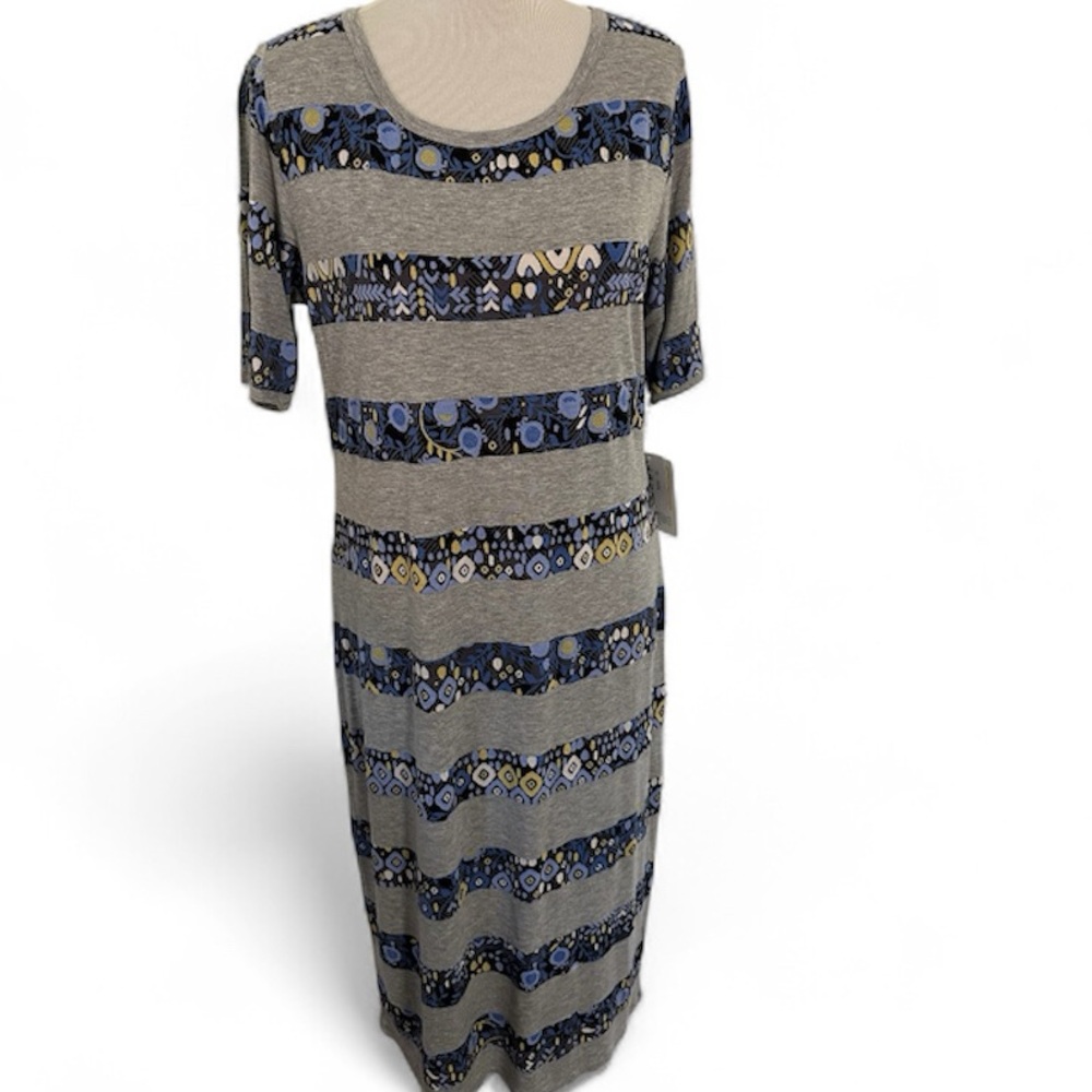 New LuLaRoe XL Julia Dress Gray w/Blue and Yellow Accents Vintage